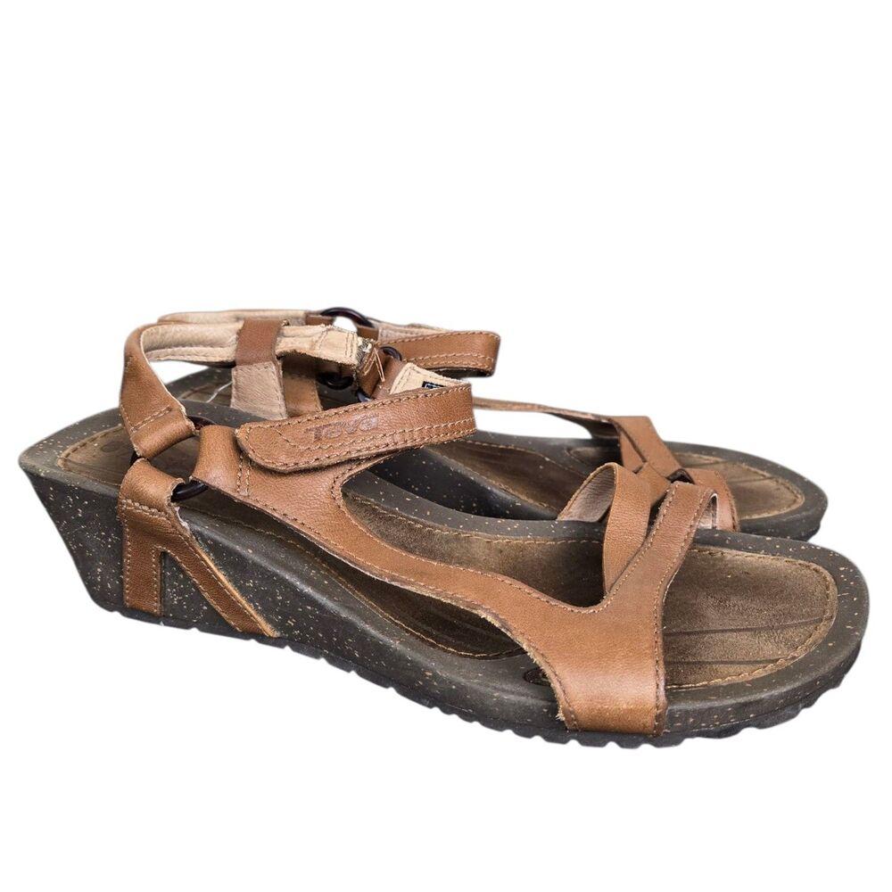 Teva Cabrillo 1001027 Strap Wedge Sandals Brown Leather Size 9.5 Ankle Strap - Picture 2 of 12